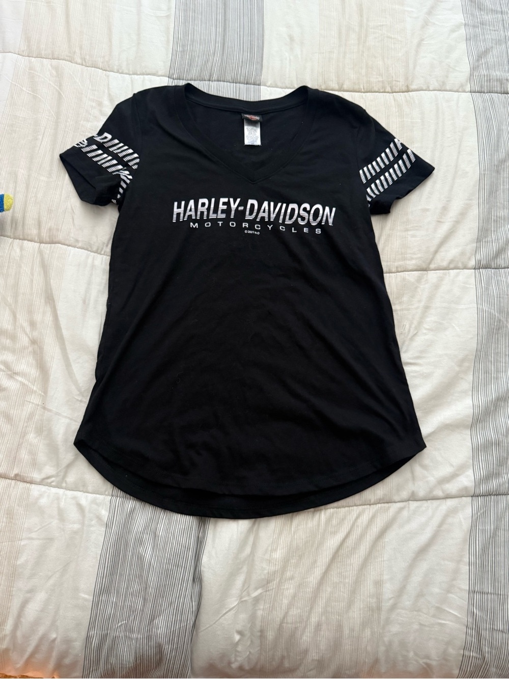 Harley-Davidson Black V-Neck Logo Tee with Stripe Sleeve Detail